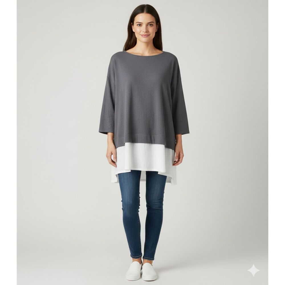 J Jill Pure Jill Gray White Combo Layered Tunic Pullover Crewneck Sweater Top XL